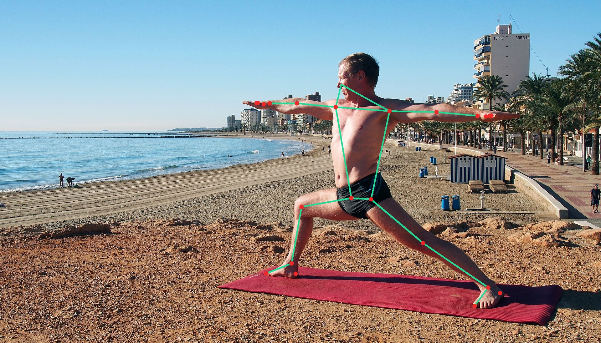 Detected pose landmarks overlaid on the photograph